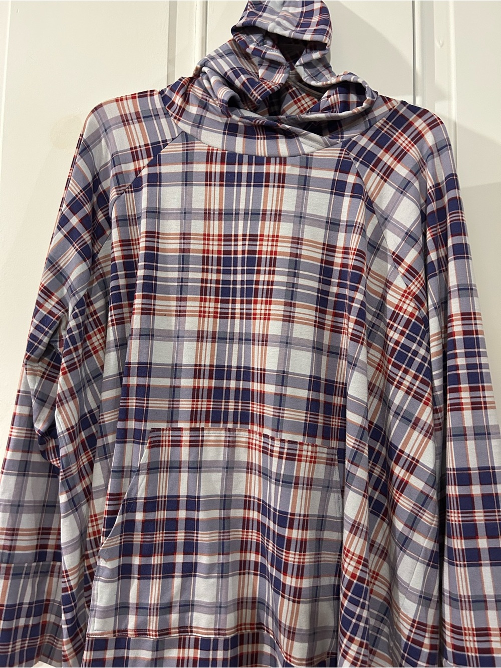 LuLaRoe Plaid Hoodie in White, Navy & Red